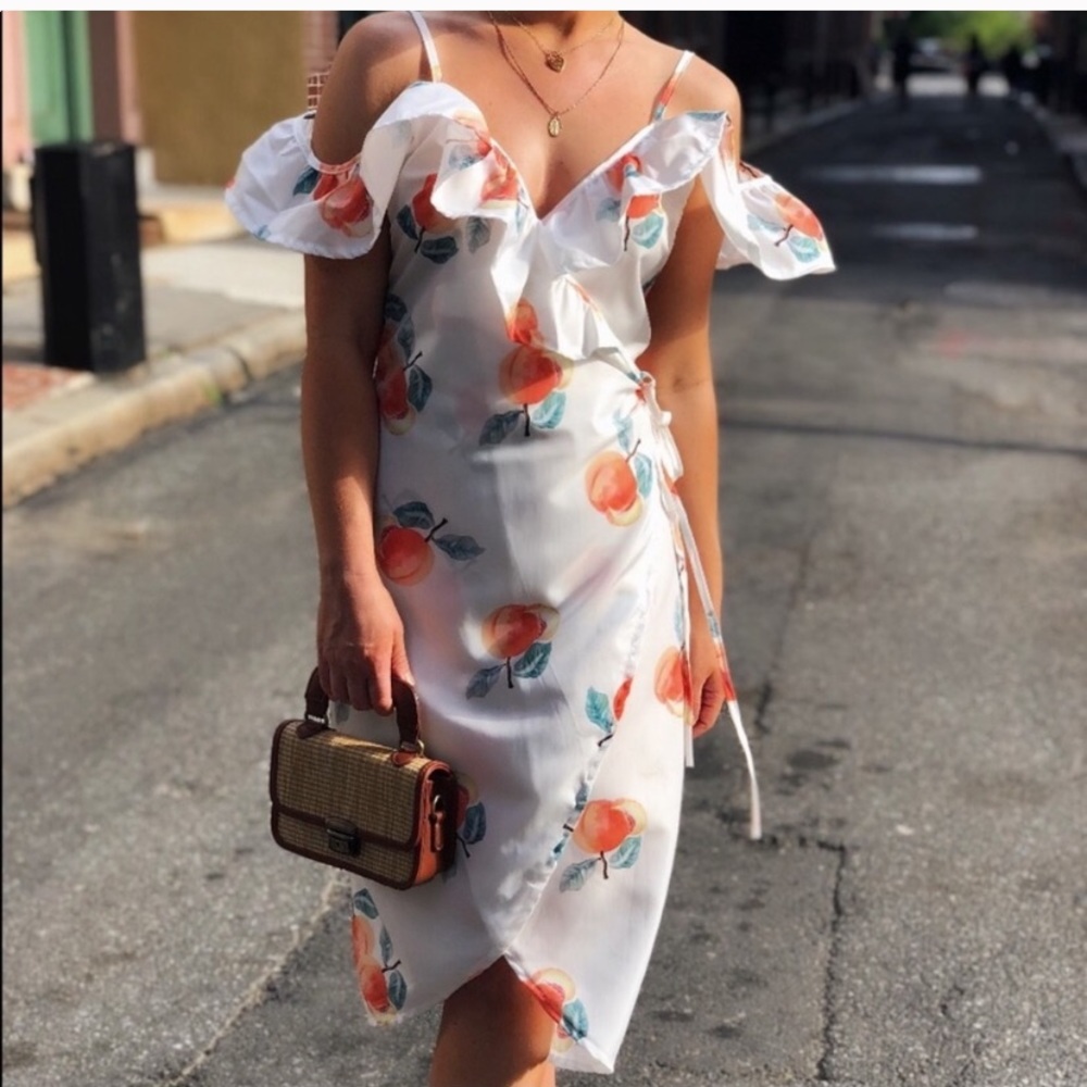 peach print midi dress wrap